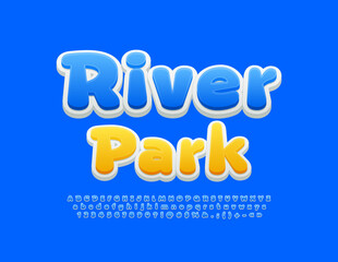Fototapeta na wymiar Vector bright emblem River Park. Funny Blue Font. Artistic Alphabet Letters and Numbers set