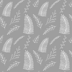Vector seamless pattern with doodle style plants. Botanical  sketches leaves in minimalistic background. Simple texture for your decor. Template for design textile, fabric, cover, card, wallpaper.