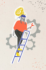 Creative photo 3d collage poster postcard artwork of hardworking woman effort go ahead reach dream aim isolated on painting background