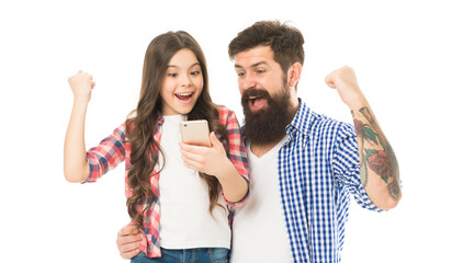 Modern technology. Little girl with father. Small child and dad explore smartphone. Download application for smartphone. Guide for adults. User experience. Father and daughter set up smartphone
