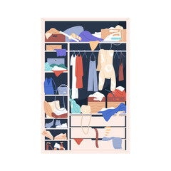 Messy wardrobe, closet. Mess, clutter and disorder inside open cupboard. Chaos, piles, heaps of clothes, scattered untidy stuff, accessories. Flat vector illustration isolated on white background