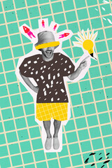 Vertical creative photo collage illustration of smart young guy get idea pointing at lamp isolated...