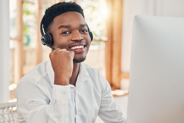 Black man, customer support service with a smile and working for digital call center or online...