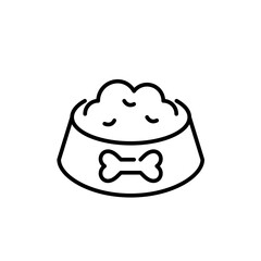Pet bowl with bone on it full of dog food. Pixel perfect, editable stroke line icon