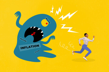 Creative collage portrait of running person afraid running away huge inflation monster isolated on yellow background