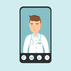 Vector smartphone. Inside is an online doctor who helps with prevention. Online doctor vector illustration and online medical consultation