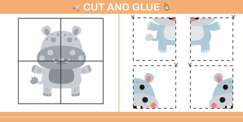 cute cartoon hippo.education paper game for kindergarten and preschool.cut and glue game for kids