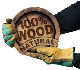 Two hands with protective work gloves holding a cross section of a tree trunk with the short phrase, One Hundred Percent Natural Wood. Isolated on white or transparent background. Photography, png.