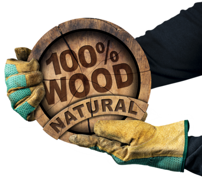 Two hands with protective work gloves holding a cross section of a tree trunk with the short phrase, One Hundred Percent Natural Wood. Isolated on white or transparent background. Photography, png.