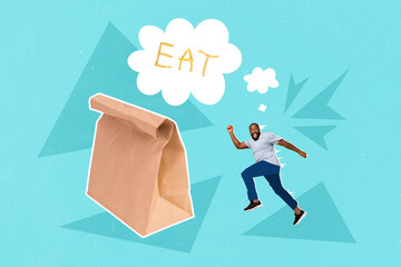 Collage 3d image of pinup pop retro sketch of funny funky man running fast hurry hungry big craft packet lunch delivery dreaming eat