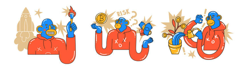 Set with Monkey crypto investor concepts. Data analysis, audit of business, trends and markets. Investment, startup, search for new successful business ideas. Cartoon style in vector illustration.