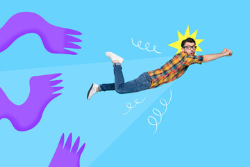 Creative collage illustration of little horrified guy flight away drawing monsters isolated on blue...