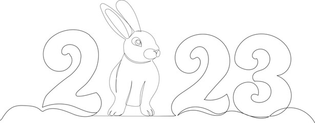 2023 year with rabbit one continuous line drawing, isolated vector