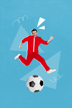 Vertical collage illustration of excited overjoyed guy running kick football isolated on drawing blue background