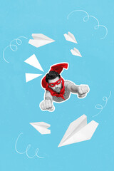 Vertical collage portrait of confident brave super guy raise fists flying paper planes isolated on...