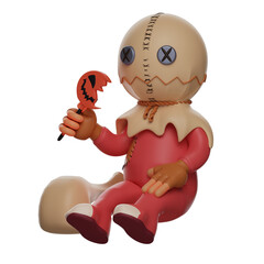   3D illustration. 3D trick 'r treats Cartoon Design eating a lollipop. with the pose sitting down. by showing a smiling face. 3D Cartoon Character