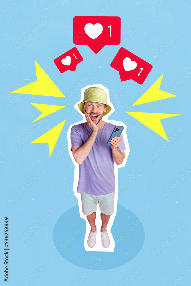 Poster vertical collage image of impressed funky guy hand touch cheek hold telephone receive like notificat