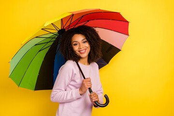 Photo of young cheerful lady hold parasol forecast rainy season isolated over yellow color...