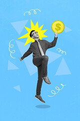 Vertical collage picture of overjoyed excited guy black white gamma hand hold money coin jumping...