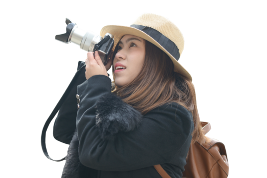 young woman tourist use camera with backpack