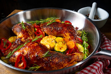 Fried chicken legs with various vegetables and spices