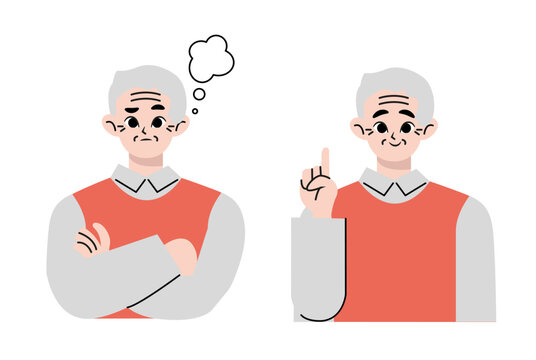 A Senior Older Man Who Is Worried And A Man Who Has Solved It. Flat Vector Illustration Isolated On White Background