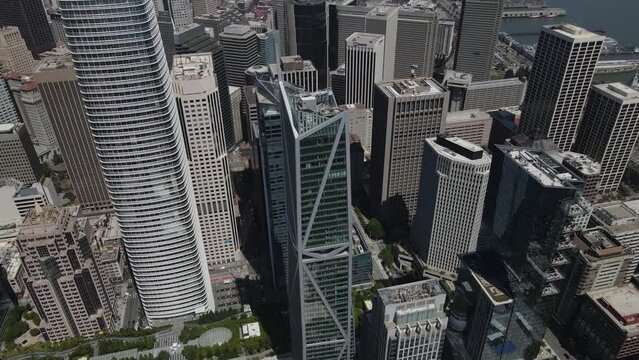 Aerial view of city in San Francisco, urban downtown area with sky scarpers.