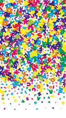 Falling letters of English language. Bright flying words of Latin alphabet. Foreign languages study concept. Stunning back to school banner on white background.