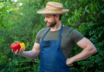 man greengrocer in straw hat with bell pepper. vegetarian