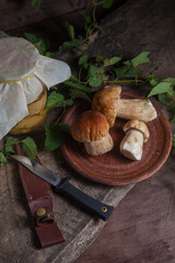 Clay plate with porcini mushroom commonly known as Boletus Edulis, glass jar with canned mushrooms and knife on vintage wooden background..