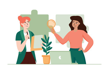 Green concept finding solution with people scene in the flat cartoon style. Two business woman are looking for the right solution to solve problems. Vector illustration.