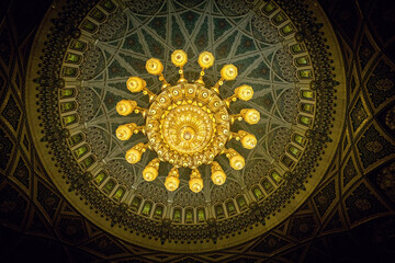 Sultan Qaboos Grand Mosque interior details, amazing luxury chandelier inside the mosque, Muscat, Oman