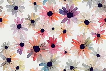 Hand painted multicolor watercolor allover seamless spring daisy liberty flowers