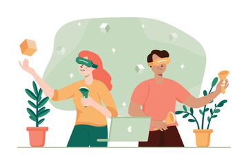 Green concept virtual reality with people scene in the flat cartoon design. Man and woman play in virtual space with different gadgets. Vector illustration.