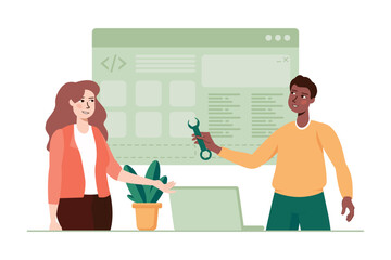 Web development green concept with people scene in the flat cartoon style. Two employees are working on a improving mobile applications. Vector illustration.