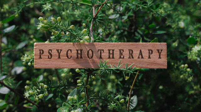 psychotherapy . Written on wooden surface. Background tree leaves. Health and social problems