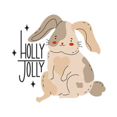 The rabbit is the symbol of the Chinese New Year. Christmas or Easter Bunny for greeting cards. Zodiac signs. Quote Holly Jolly. Vector illustration in cartoon style