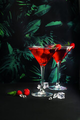Red alcohol raspberry cocktails in martini glass on tropical background. Selective focus.