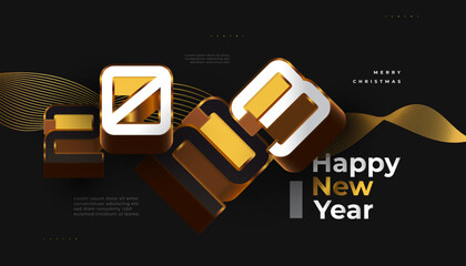 Happy New Year 2023 Banner with 3D Black, White and Gold Numbers Isolated on Black Background. 2023 New Year Design for Banner, Poster, or Greeting Card