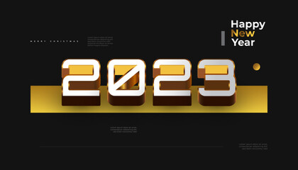 Happy New Year 2023 Banner with 3D White and Gold Numbers Isolated on Black Background. 2023 New Year Design for Banner, Poster, or Greeting Card