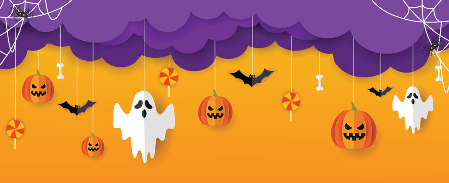 Halloween banner vector. Happy Halloween banner background with clouds, bats, ghost, web and pumpkins in paper cut style. Orange background.