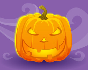 Halloween autumn pumpkin, jack lantern character, vector illustration in realism style, orange vegetable on a purple background with glowing around.