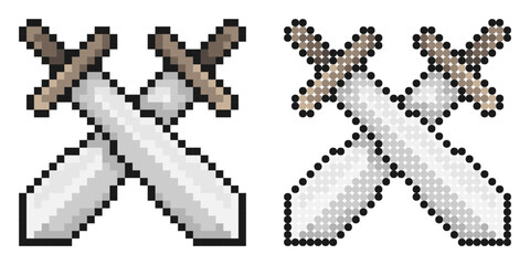 Pixel icon. Pair of crossed knight swords. Tournament, beginning of medieval duel. Simple retro game vector isolated on white background