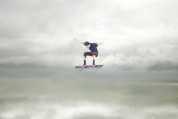 illustration of young boy makes a surreal jump in the sky with his skateboard