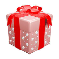 Pink gift box red ribbon with white star pattern christmas party png. 3d rendering celebrate surprise box realistic icon
