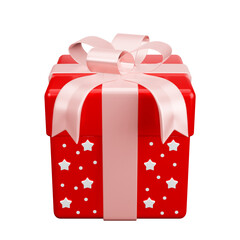 Red gift box pink ribbon with white star pattern christmas party png. 3d rendering celebrate surprise box realistic icon