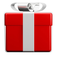 Red gift box  with white ribbon orthographic christmas party png. 3d rendering celebrate surprise box realistic icon