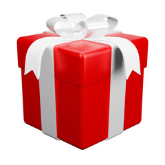 Red gift box with white ribbon christmas party png. 3d rendering celebrate surprise box realistic icon