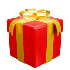 Red gift box with gold ribbon christmas party png. 3d rendering celebrate surprise box realistic icon