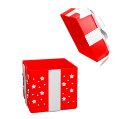 Red open gift box  star pattern with white ribbon christmas party png. 3d rendering celebrate surprise box realistic icon